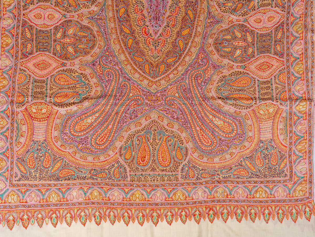 3 yards Heritage Paisley Pure Pashmina Hand Embroidered Sozni Shawl
