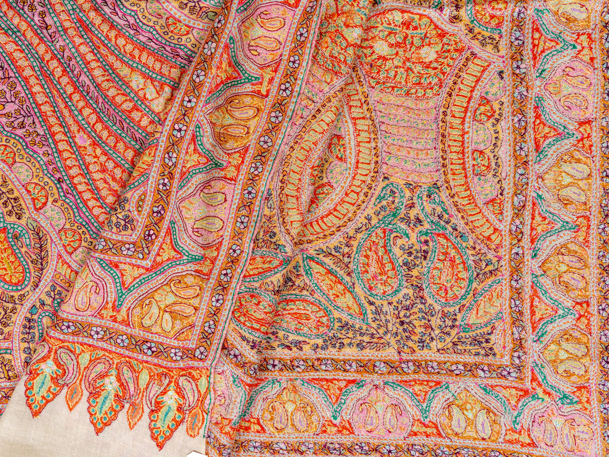 3 yards Heritage Paisley Pure Pashmina Hand Embroidered Sozni Shawl