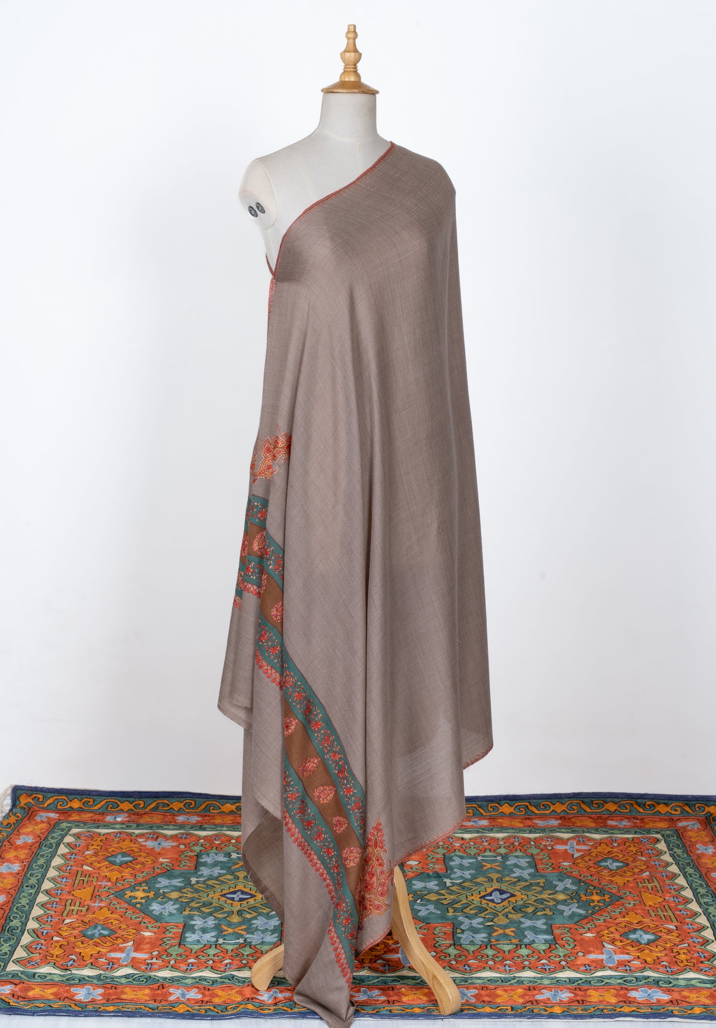 2.5 Yards | Bahaar-e-Sabz — Sozni Hand-Embroidered Shawl in Beige with Emerald & Rust Borders