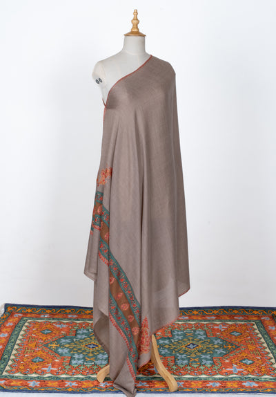 2.5 Yards | Bahaar-e-Sabz — Sozni Hand-Embroidered Shawl in Beige with Emerald & Rust Borders
