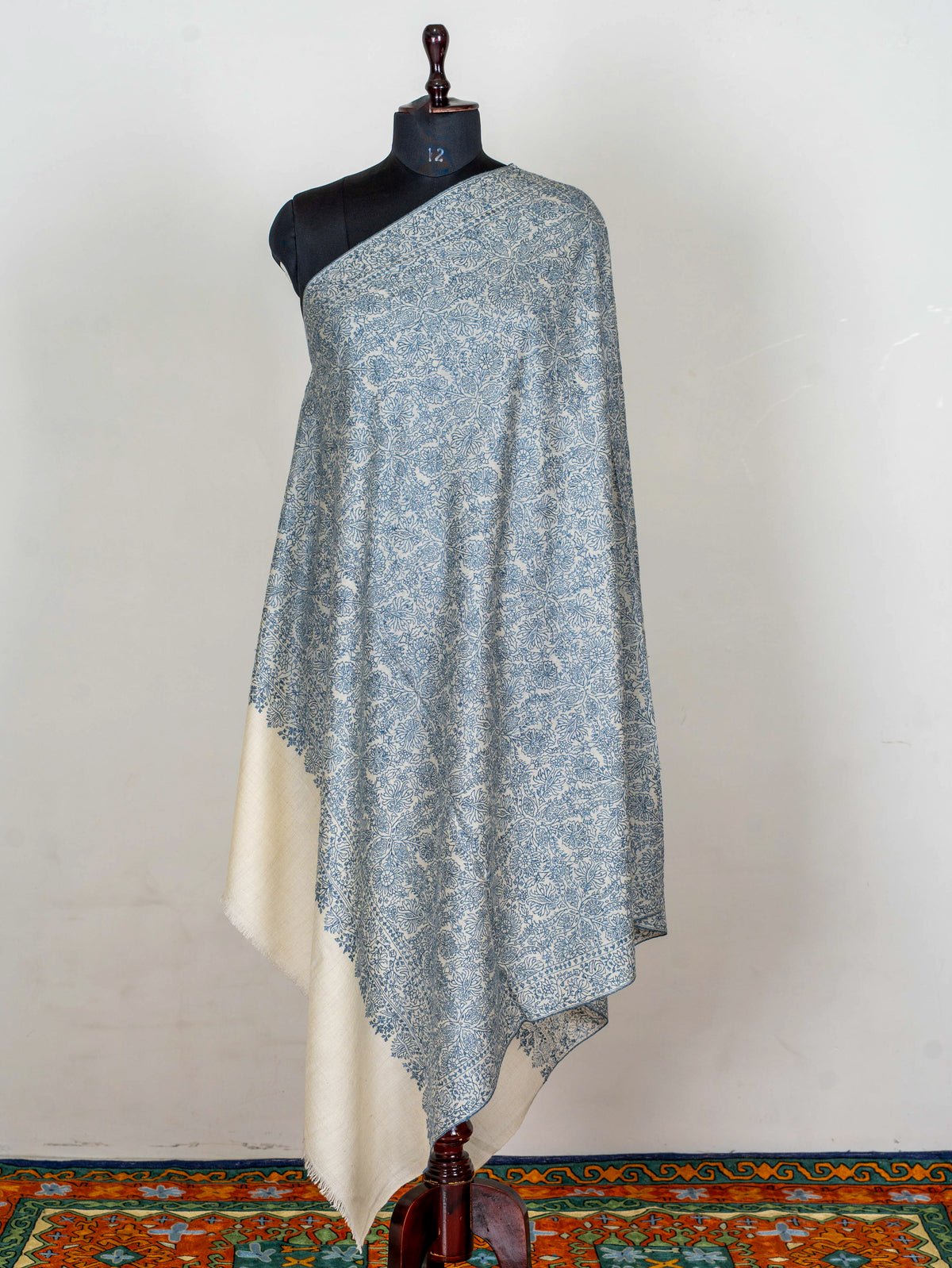 Blue Porcelain Pure Pashmina Sozni Hand Embroidered Shawl