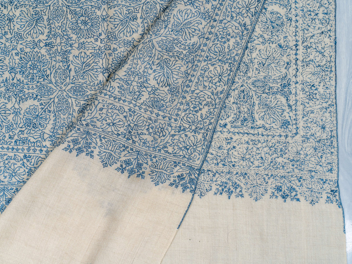 Blue Porcelain Pure Pashmina Sozni Hand Embroidered Shawl