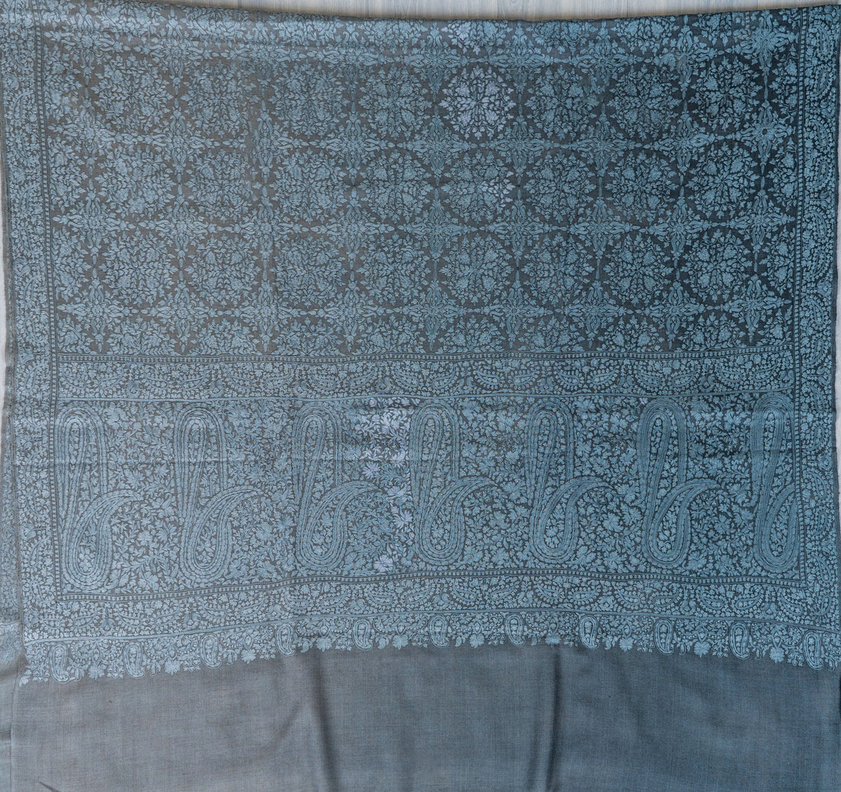 Slate Paisley Pure Pashmina Hand Embroidered Sozni Shawl