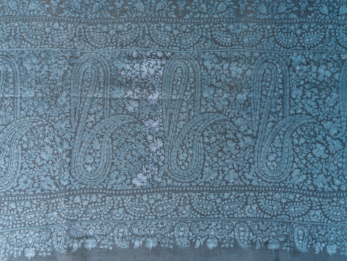 Slate Paisley Pure Pashmina Hand Embroidered Sozni Shawl