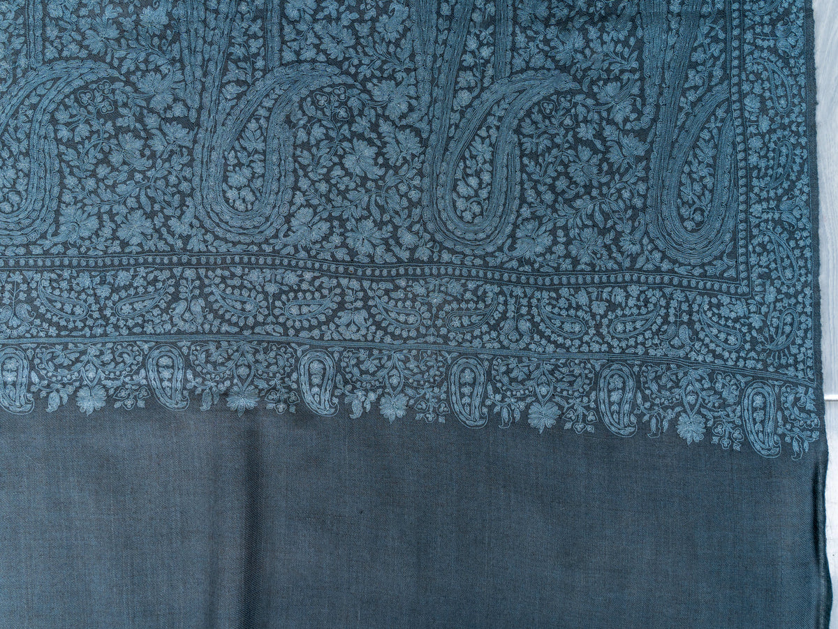 Slate Paisley Pure Pashmina Hand Embroidered Sozni Shawl