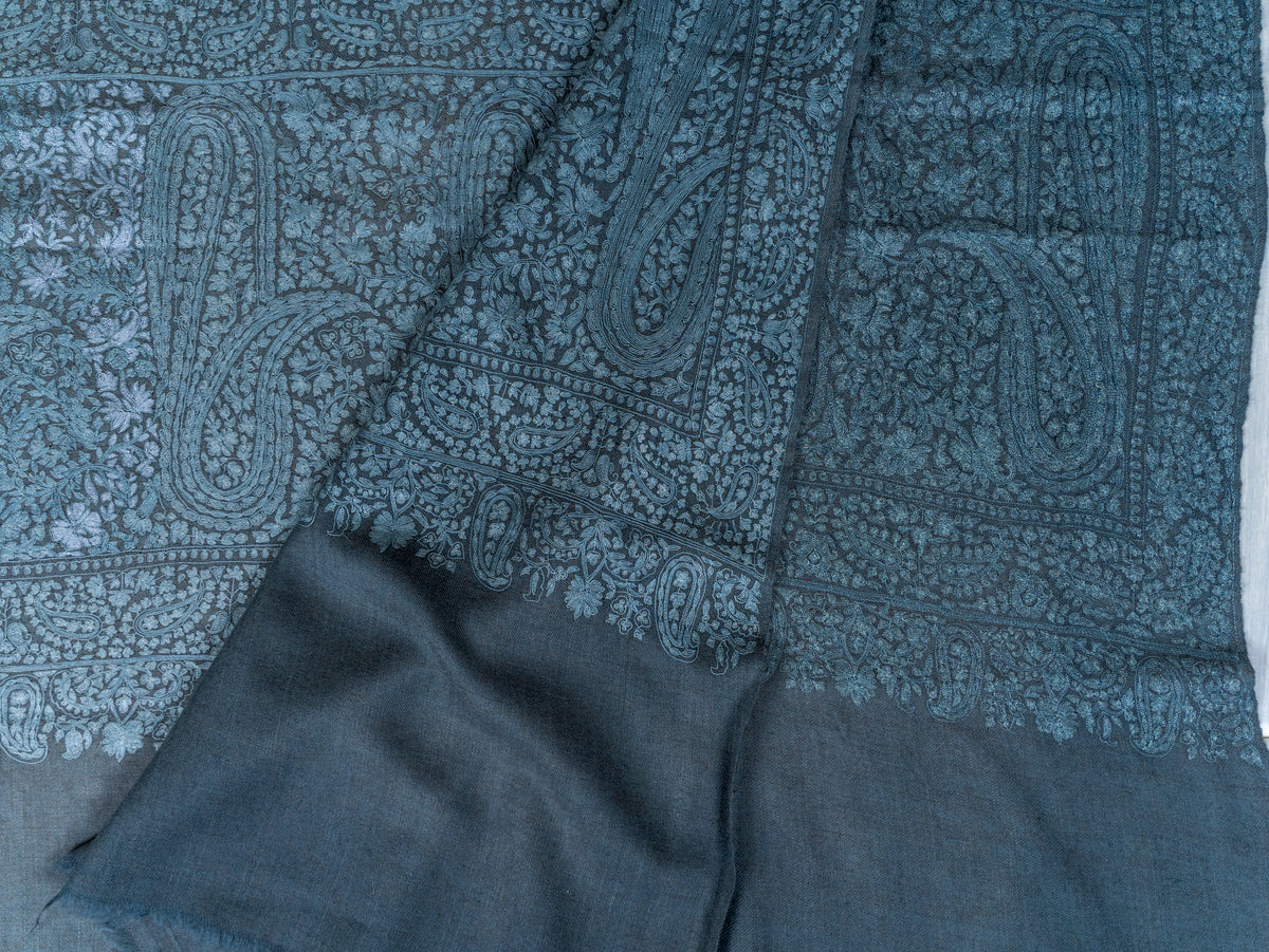 Slate Paisley Pure Pashmina Hand Embroidered Sozni Shawl