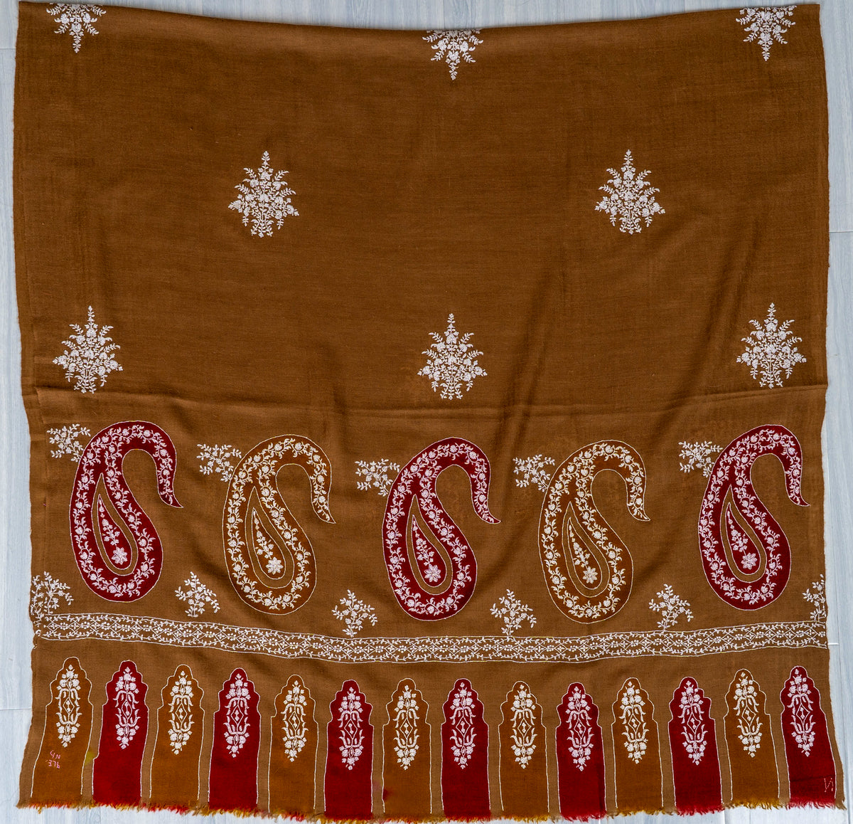 Walnut Paisley Pure Pashmina Hand Embroidered Sozni Shawl