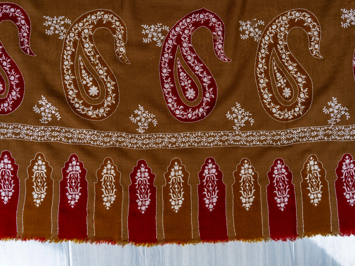 Walnut Paisley Pure Pashmina Hand Embroidered Sozni Shawl