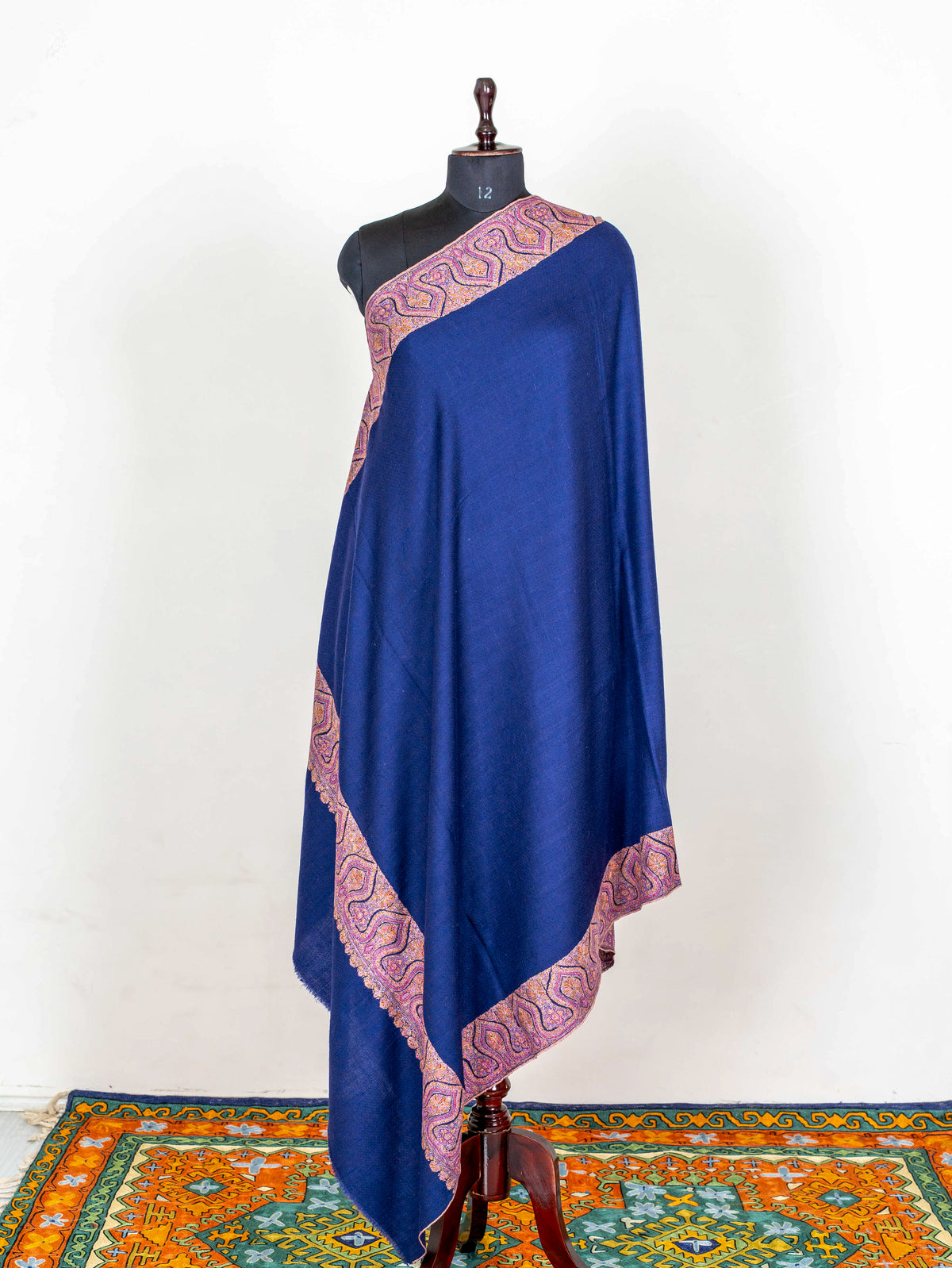 Royal Blue Border Pure Pashmina Sozni Hand Embroidered Shawl