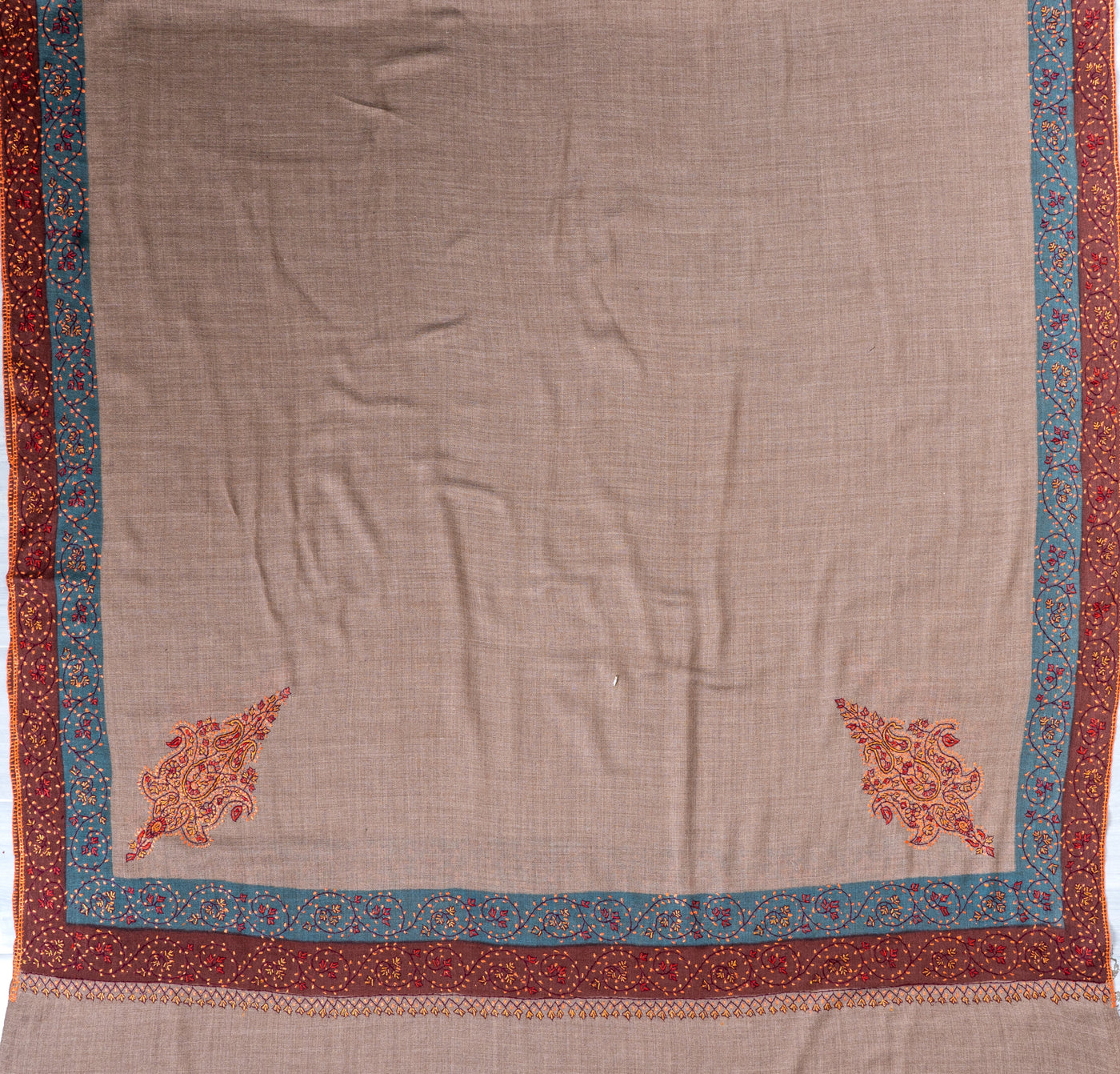 2.5 Yards | Khilat-e-Bahar — Sozni Hand-Embroidered Shawl in Taupe with Rust & Teal Borders