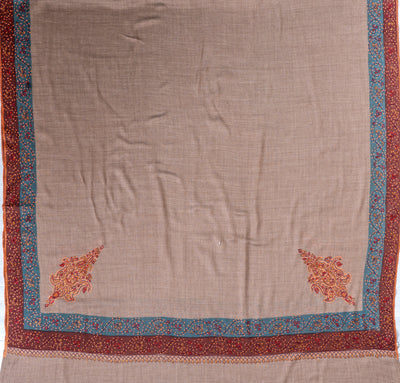 2.5 Yards | Khilat-e-Bahar — Sozni Hand-Embroidered Shawl in Taupe with Rust & Teal Borders