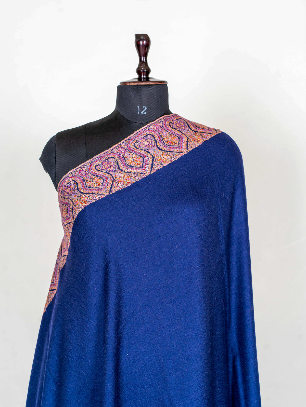 Royal Blue Border Pure Pashmina Sozni Hand Embroidered Shawl