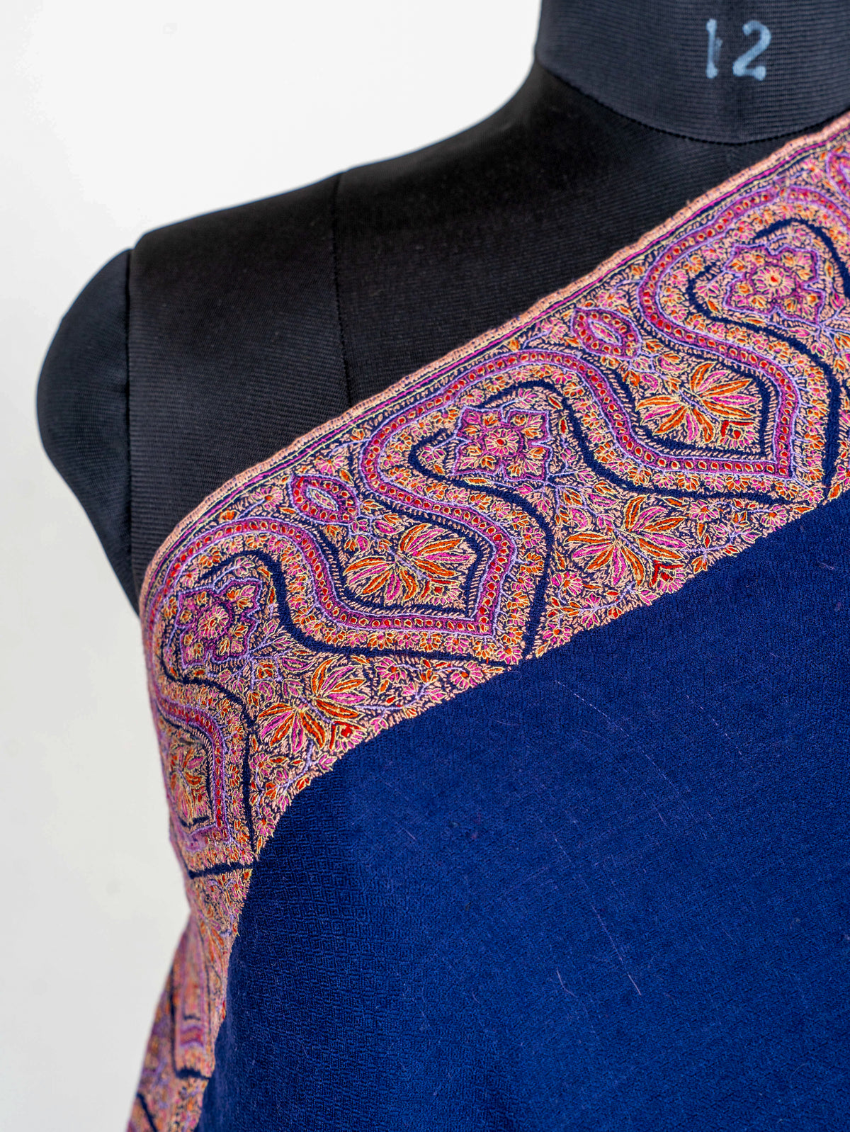 Royal Blue Border Pure Pashmina Sozni Hand Embroidered Shawl
