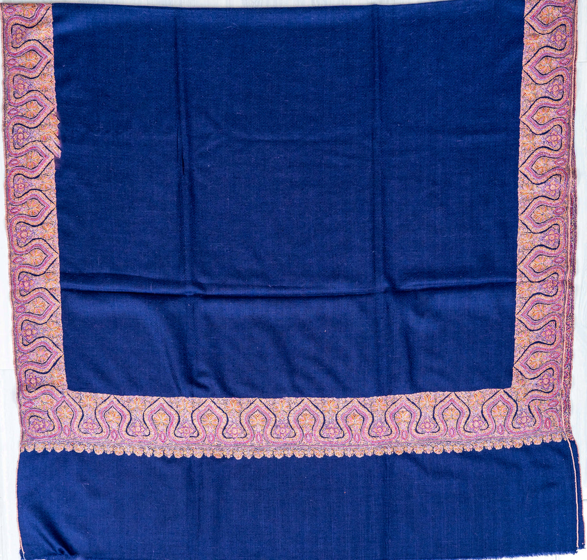 Royal Blue Border Pure Pashmina Sozni Hand Embroidered Shawl