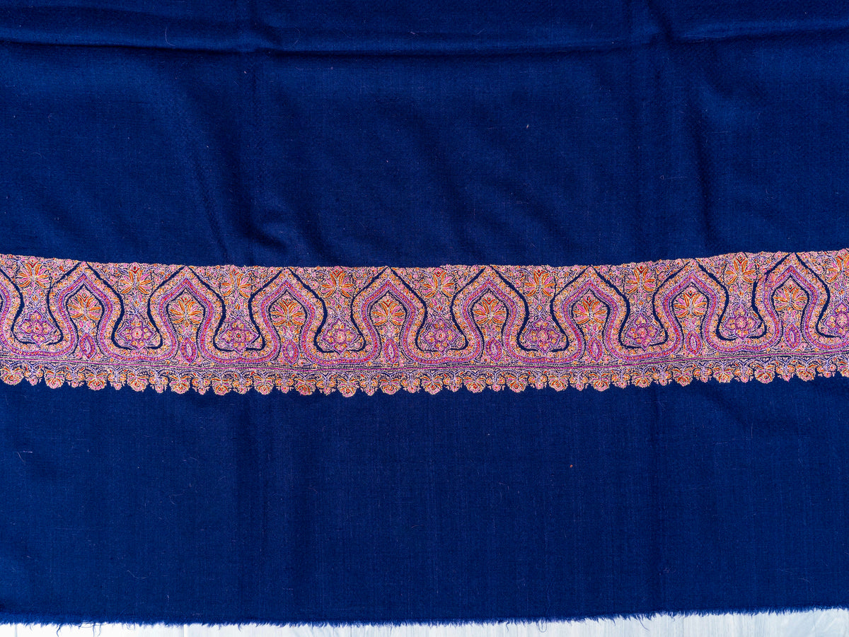 Royal Blue Border Pure Pashmina Sozni Hand Embroidered Shawl