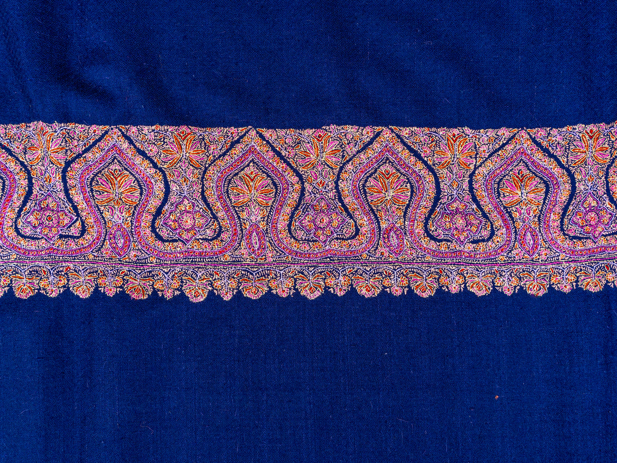 Royal Blue Border Pure Pashmina Sozni Hand Embroidered Shawl