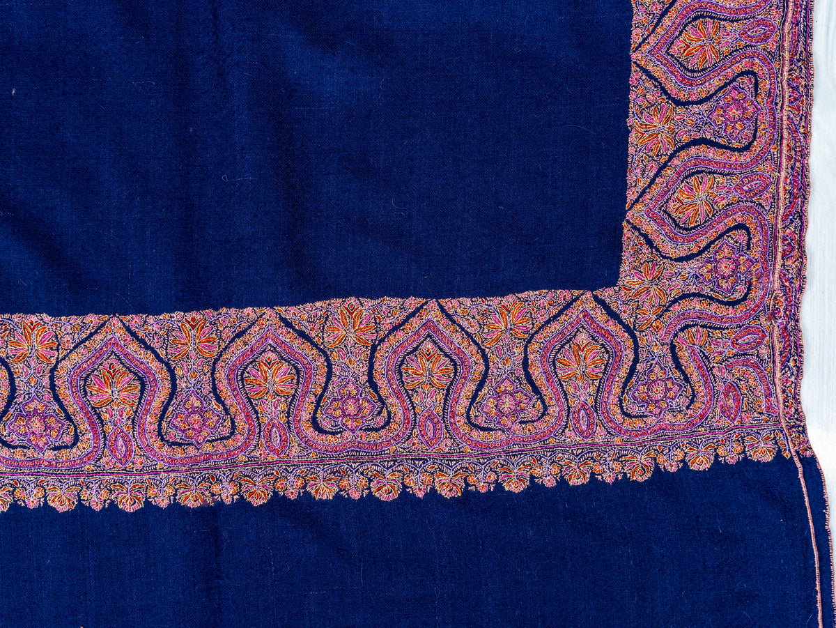 Royal Blue Border Pure Pashmina Sozni Hand Embroidered Shawl