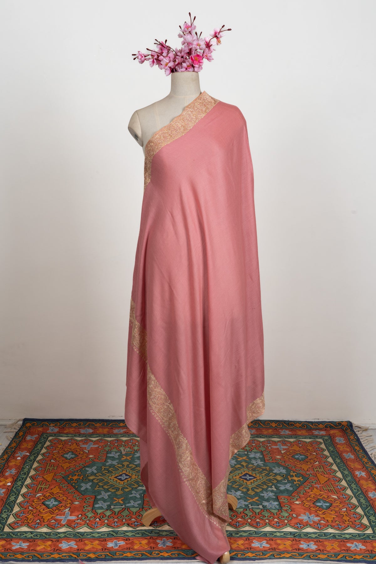 Rose Petal Grace: Merino wool 2.5 Yards Sozni Hand Embroidered Shawl