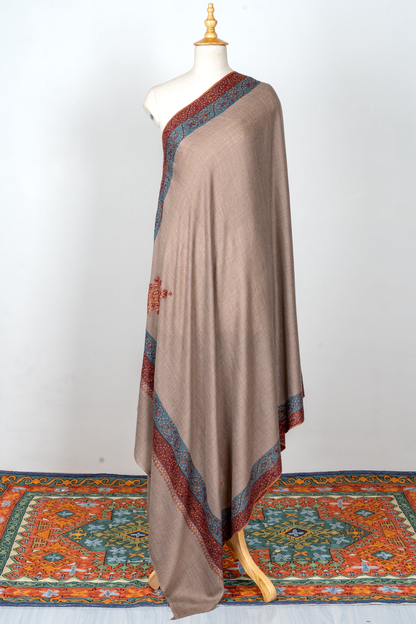 2.5 Yards | Khilat-e-Bahar — Sozni Hand-Embroidered Shawl in Taupe with Rust & Teal Borders