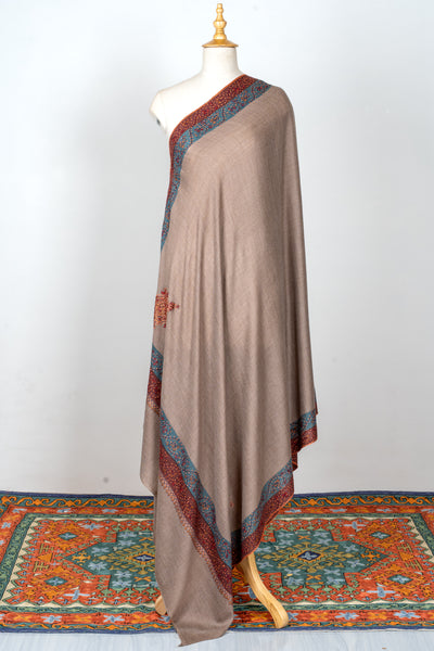2.5 Yards | Khilat-e-Bahar — Sozni Hand-Embroidered Shawl in Taupe with Rust & Teal Borders