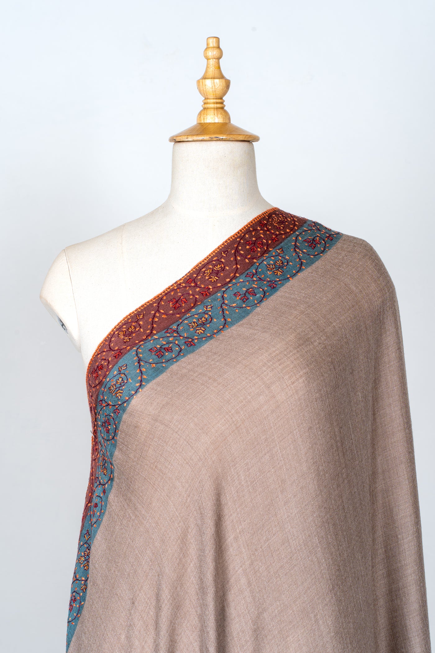 2.5 Yards | Khilat-e-Bahar — Sozni Hand-Embroidered Shawl in Taupe with Rust & Teal Borders