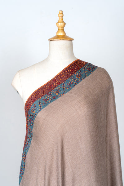 2.5 Yards | Khilat-e-Bahar — Sozni Hand-Embroidered Shawl in Taupe with Rust & Teal Borders