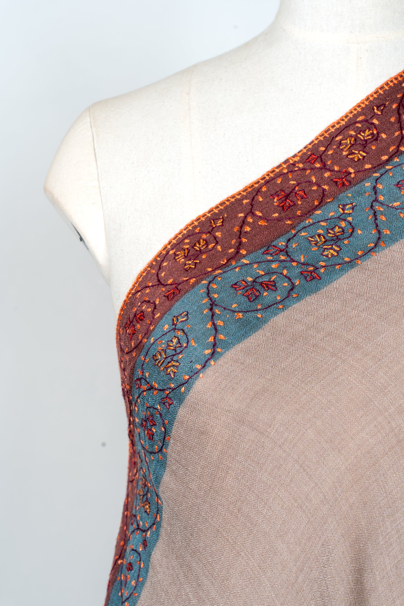 2.5 Yards | Khilat-e-Bahar — Sozni Hand-Embroidered Shawl in Taupe with Rust & Teal Borders