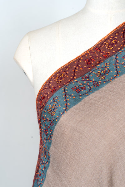 2.5 Yards | Khilat-e-Bahar — Sozni Hand-Embroidered Shawl in Taupe with Rust & Teal Borders