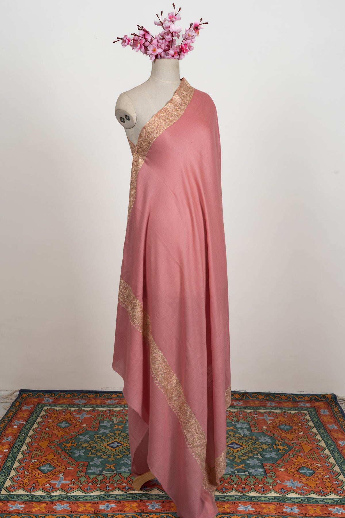 Rose Petal Grace: Merino wool 2.5 Yards Sozni Hand Embroidered Shawl