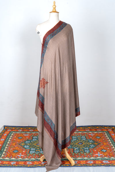2.5 Yards | Khilat-e-Bahar — Sozni Hand-Embroidered Shawl in Taupe with Rust & Teal Borders