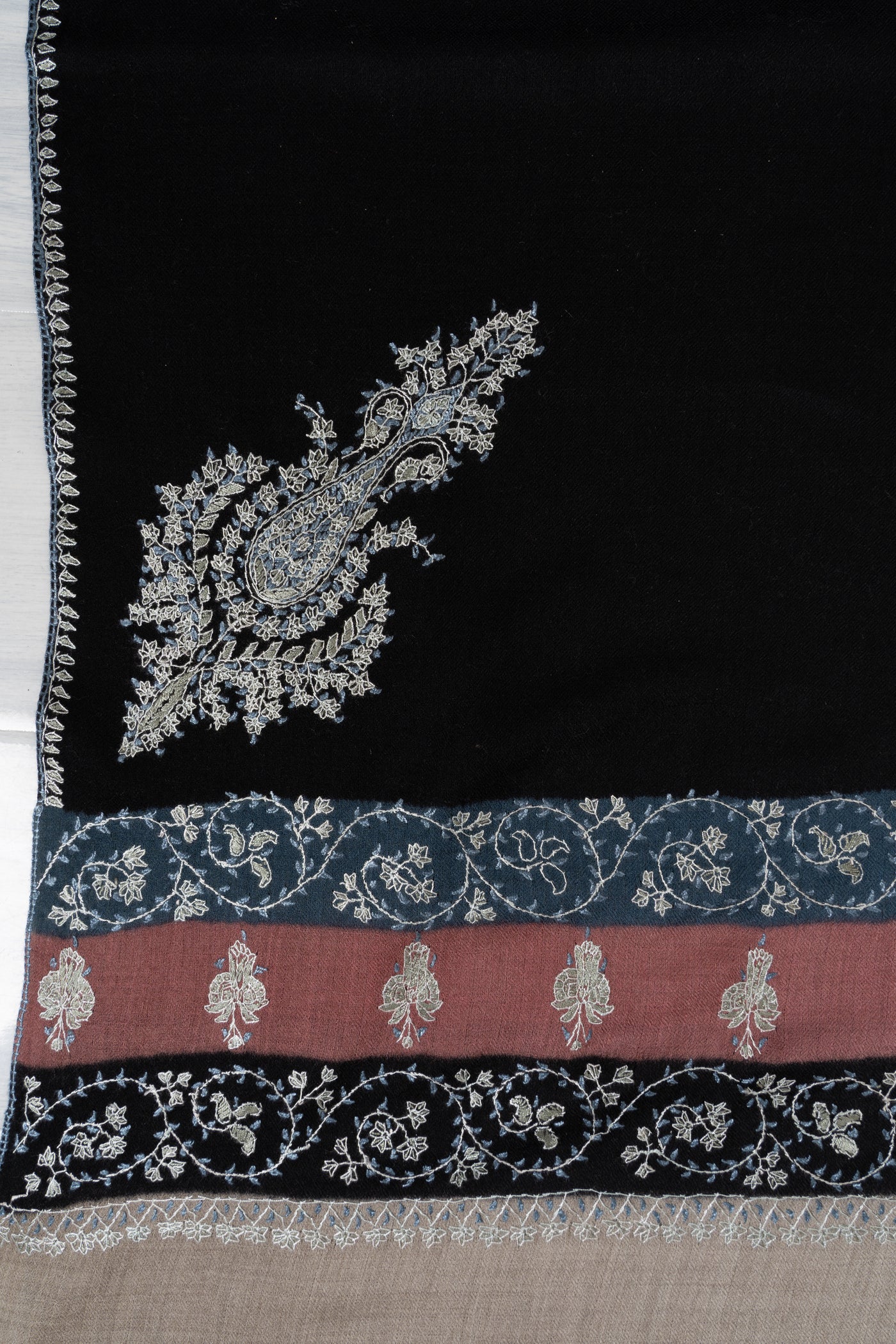 2.5 Yards | Shabnam-e-Rang — Sozni Hand-Embroidered Shawl in Black with Multicolor Panels