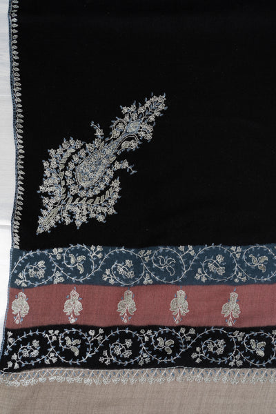 2.5 Yards | Shabnam-e-Rang — Sozni Hand-Embroidered Shawl in Black with Multicolor Panels