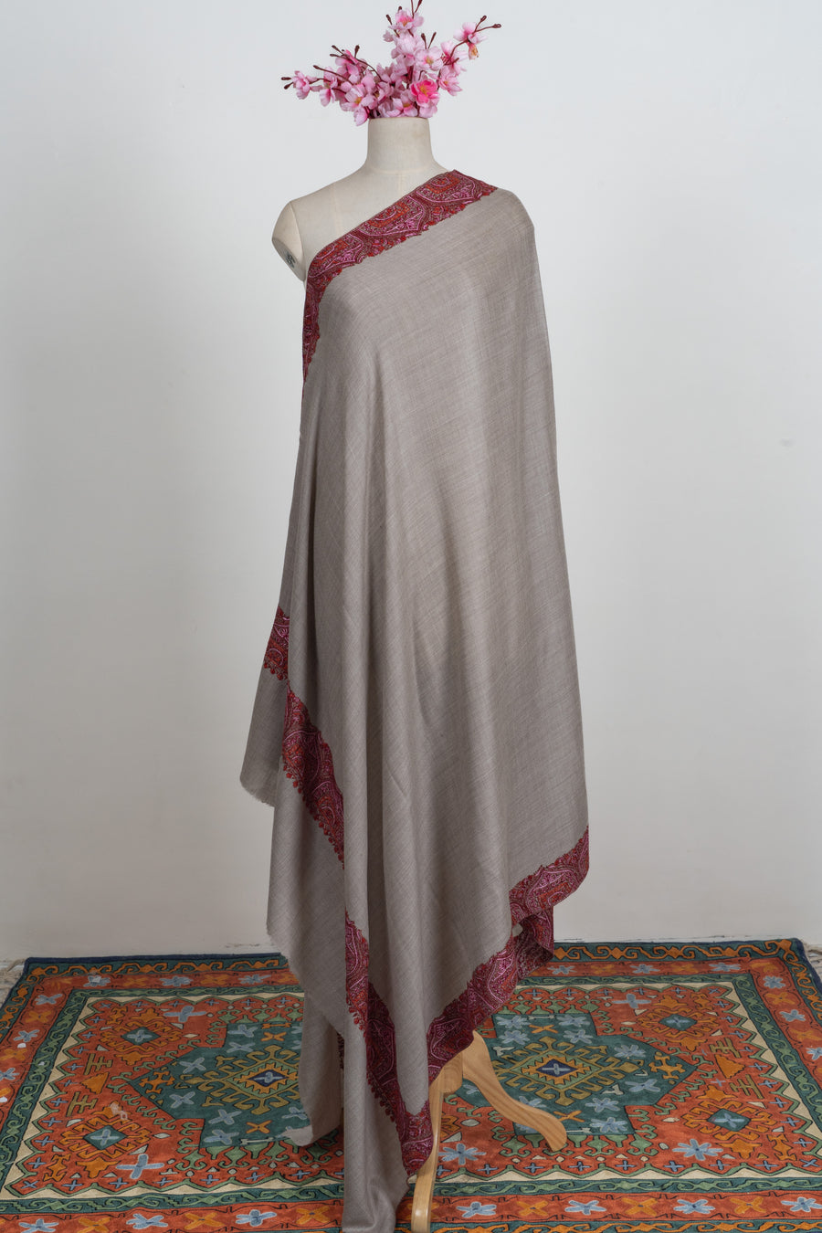 Ashwood Regal: Merino wool 2.5 Yards Sozni Hand Embroidered Shawl