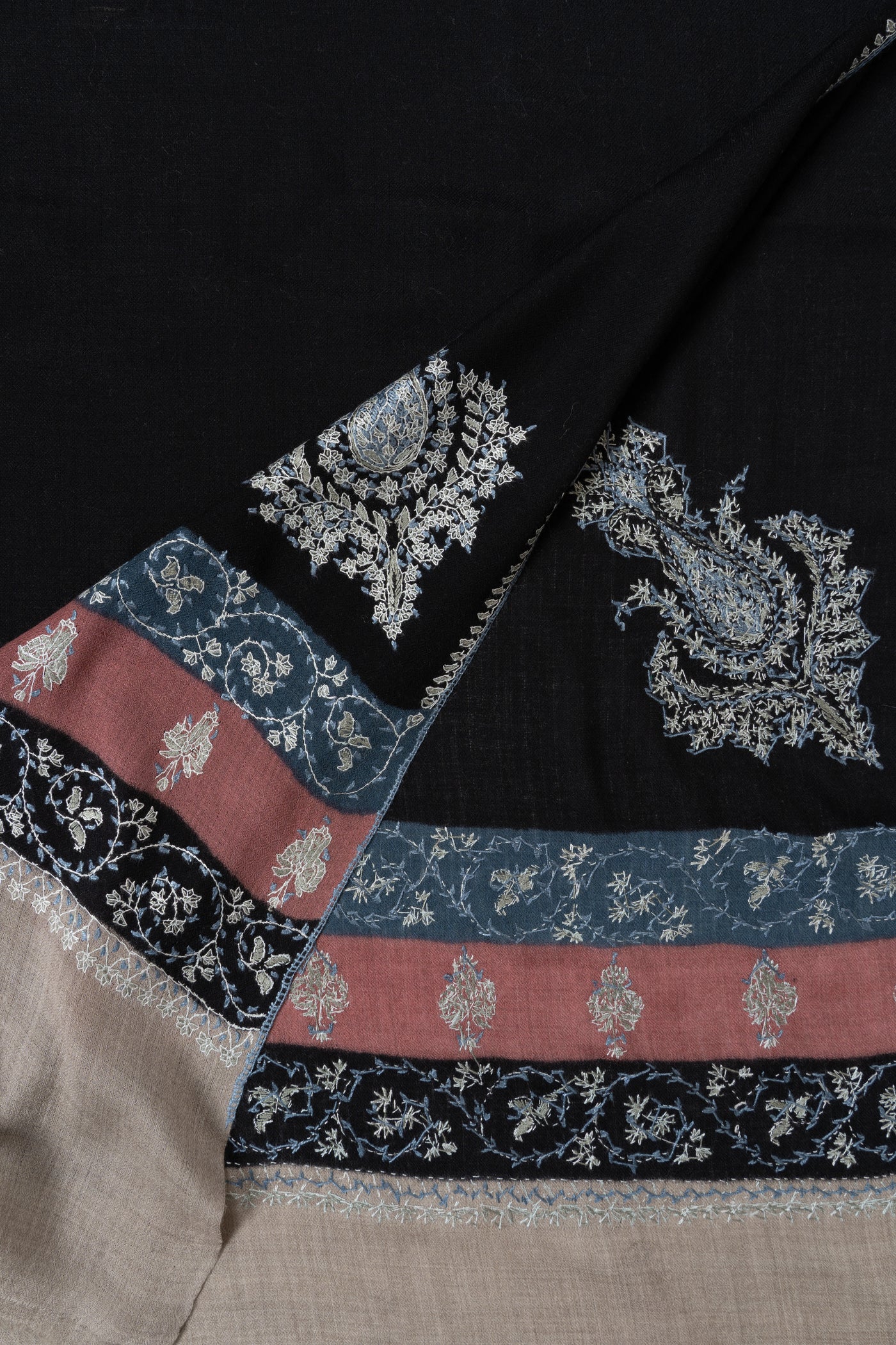 2.5 Yards | Shabnam-e-Rang — Sozni Hand-Embroidered Shawl in Black with Multicolor Panels