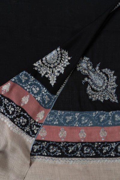 2.5 Yards | Shabnam-e-Rang — Sozni Hand-Embroidered Shawl in Black with Multicolor Panels