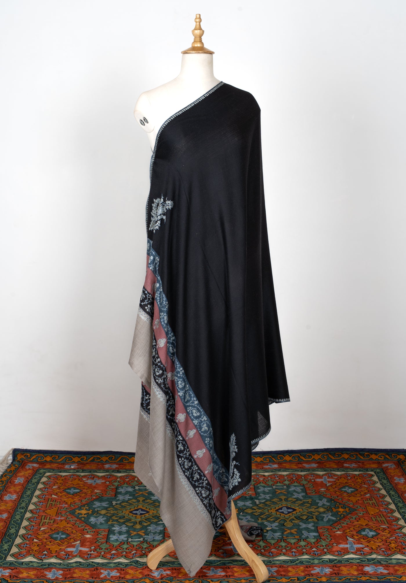 2.5 Yards | Shabnam-e-Rang — Sozni Hand-Embroidered Shawl in Black with Multicolor Panels
