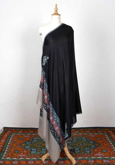 2.5 Yards | Shabnam-e-Rang — Sozni Hand-Embroidered Shawl in Black with Multicolor Panels