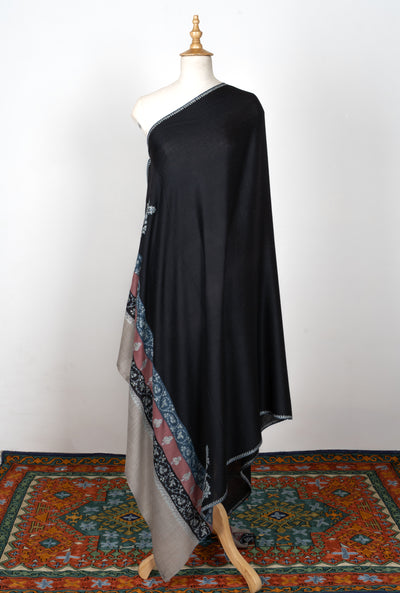 2.5 Yards | Shabnam-e-Rang — Sozni Hand-Embroidered Shawl in Black with Multicolor Panels