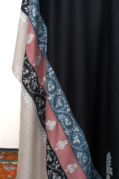 2.5 Yards | Shabnam-e-Rang — Sozni Hand-Embroidered Shawl in Black with Multicolor Panels