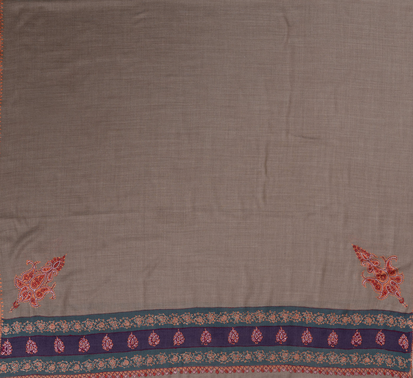 2.5 Yards | Khaki-Taupe Sozni Border Shawl — Hand-Embroidered with Contrasting Panels
