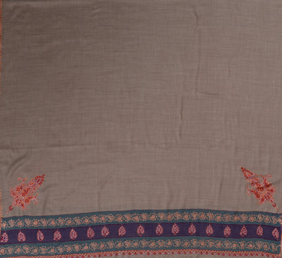 2.5 Yards | Khaki-Taupe Sozni Border Shawl — Hand-Embroidered with Contrasting Panels