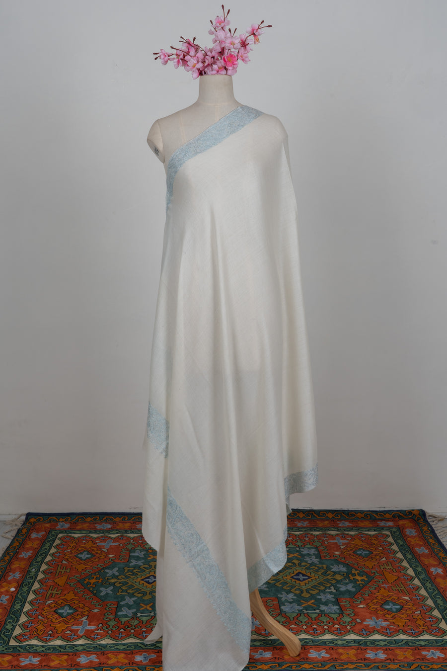 Snow Mist Serenity: Merino wool 2.5 Yards Sozni Hand Embroidered Shawl