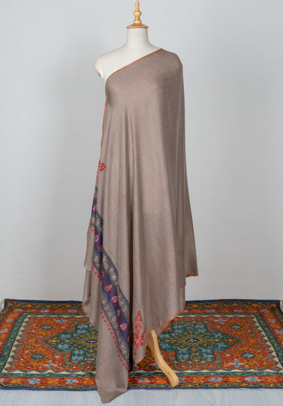 2.5 Yards | Khaki-Taupe Sozni Border Shawl — Hand-Embroidered with Contrasting Panels