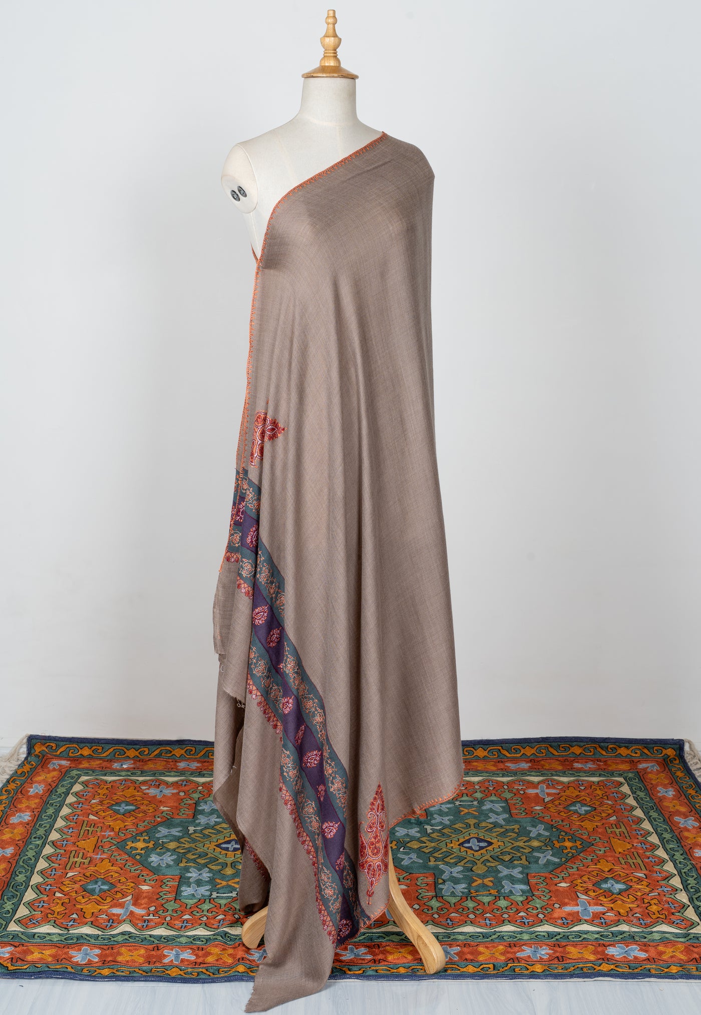 2.5 Yards | Khaki-Taupe Sozni Border Shawl — Hand-Embroidered with Contrasting Panels