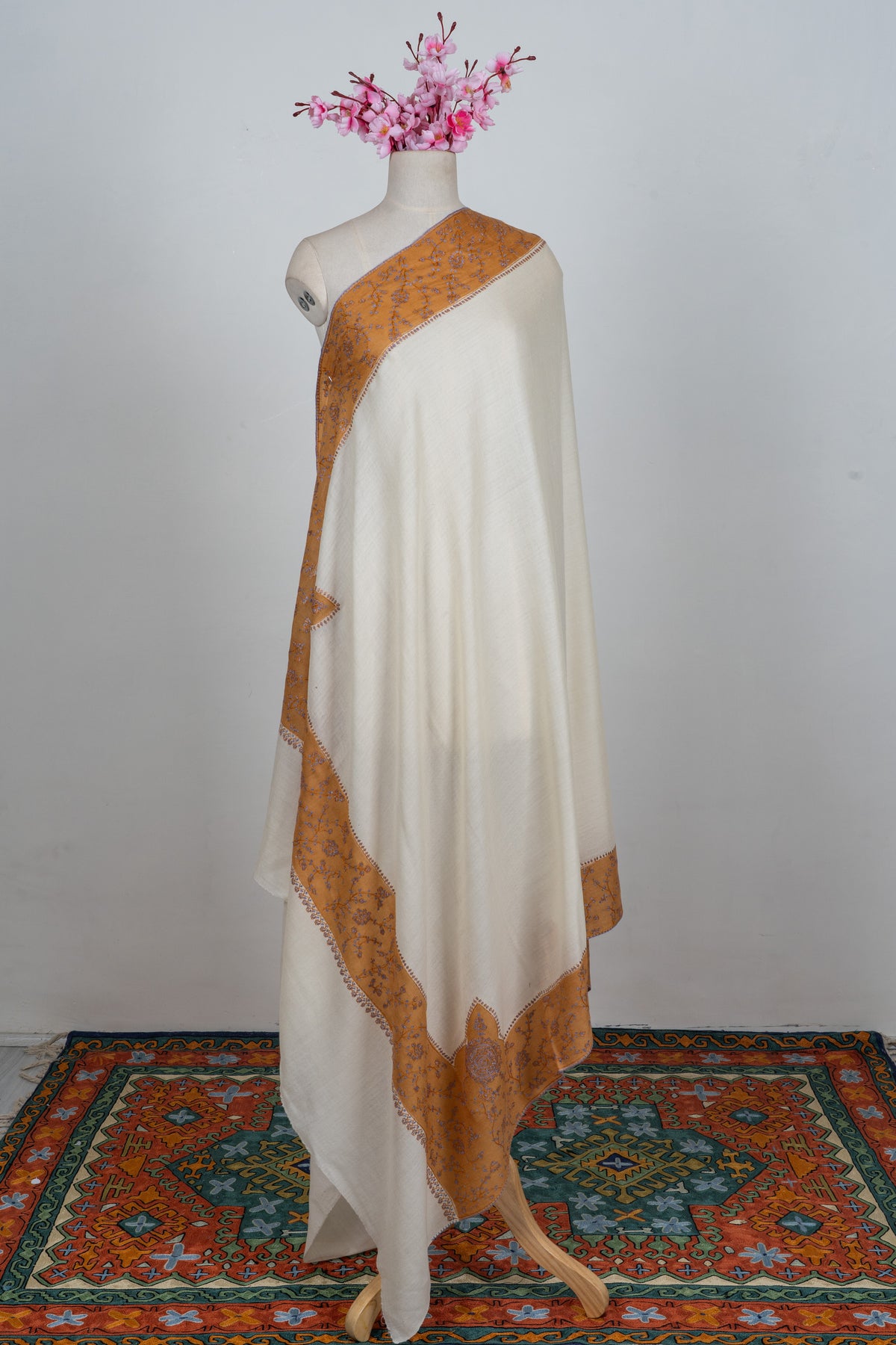 Saffron Bloom Classic: Merino wool 2.5 Yards Sozni Hand Embroidered Shawl