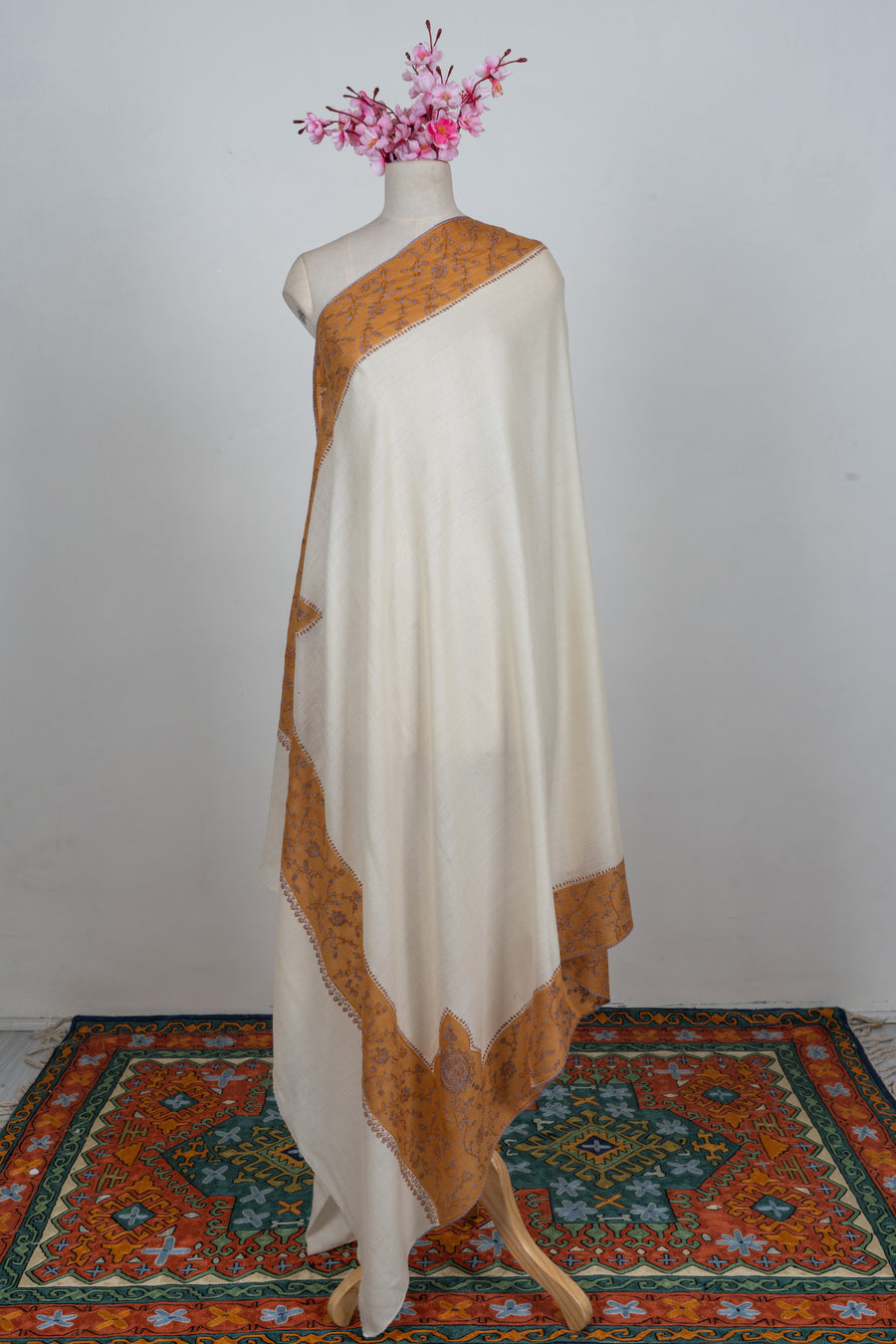 Saffron Bloom Classic: Merino wool 2.5 Yards Sozni Hand Embroidered Shawl