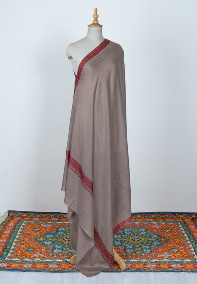 2.5 Yards | Lal Daaman — Sozni Hand-Embroidered Border Shawl in Walnut Beige