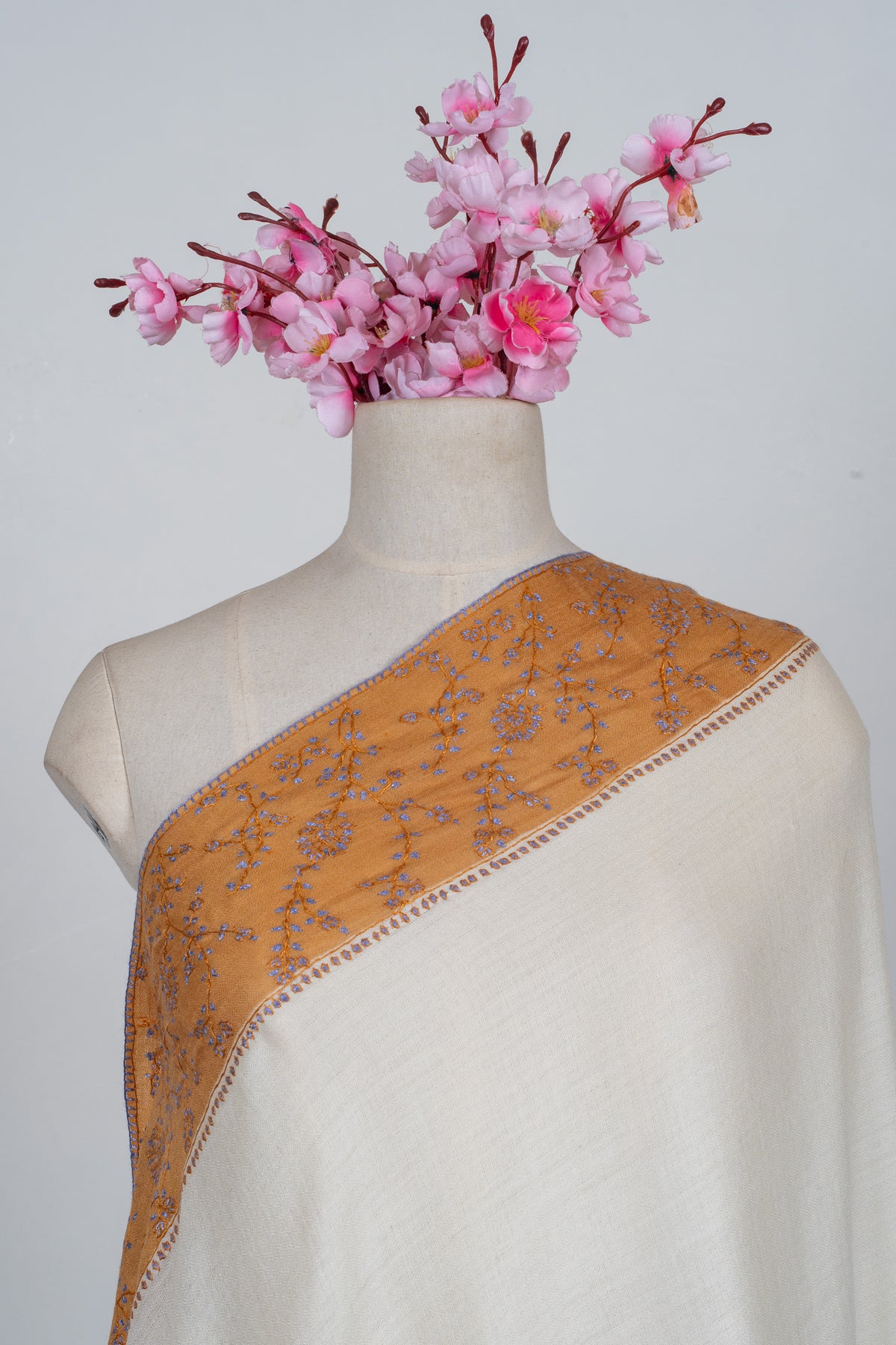 Saffron Bloom Classic: Merino wool 2.5 Yards Sozni Hand Embroidered Shawl