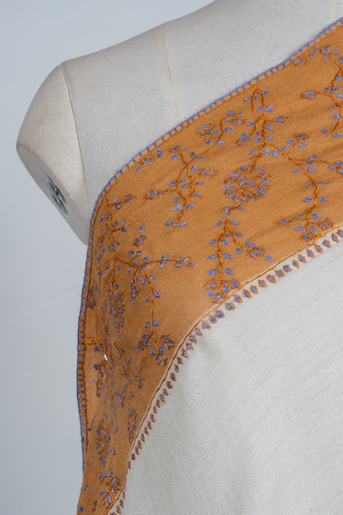 Saffron Bloom Classic: Merino wool 2.5 Yards Sozni Hand Embroidered Shawl