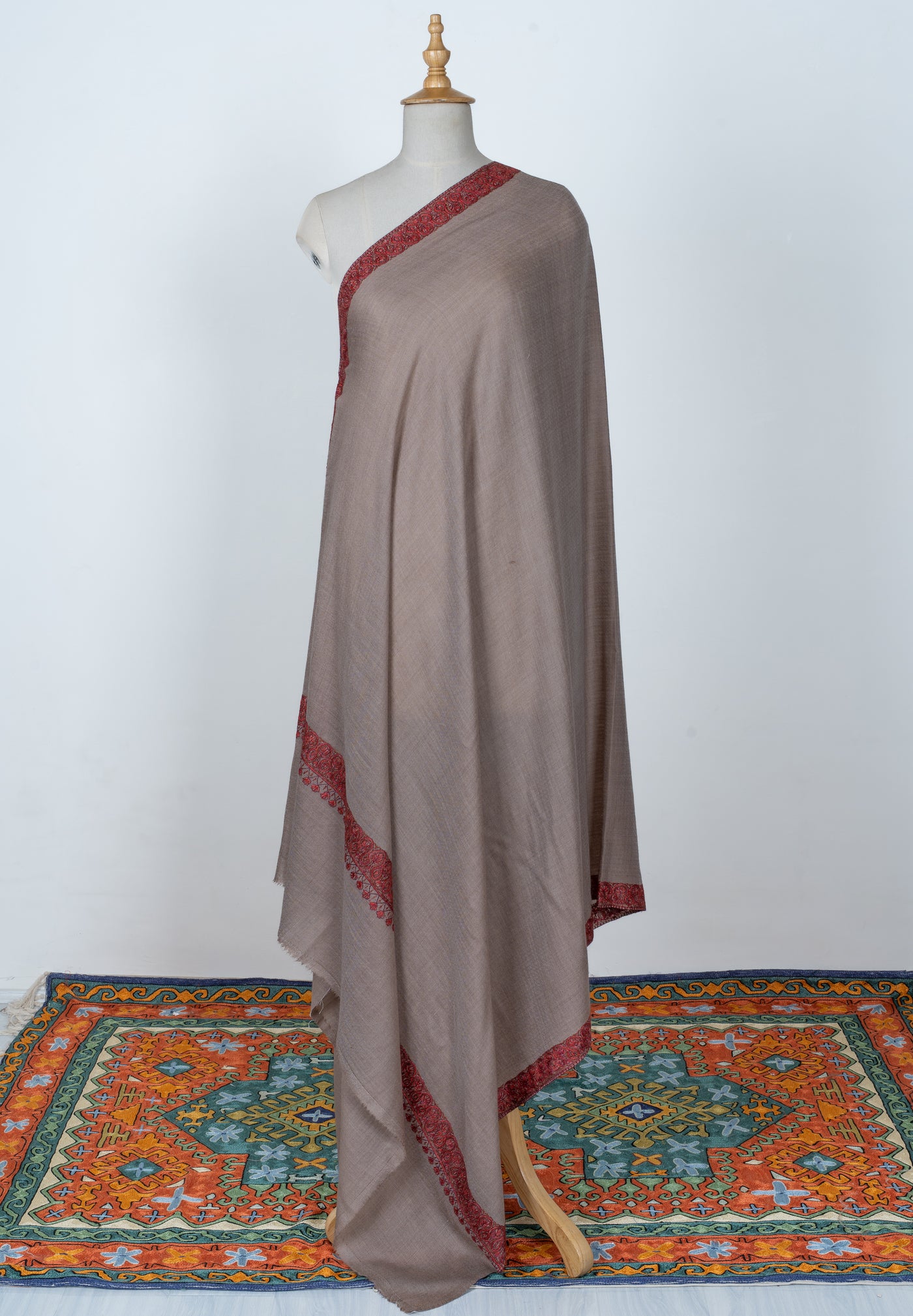 2.5 Yards | Lal Daaman — Sozni Hand-Embroidered Border Shawl in Walnut Beige